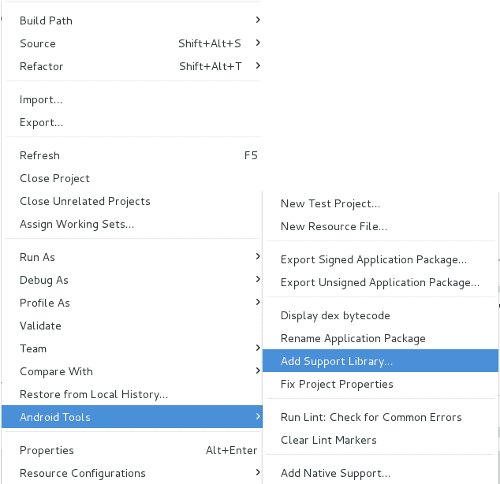 eclipse menu add support library