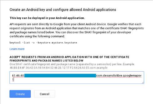 botón create android key console developers google