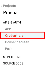 menú opción credentials console developers google