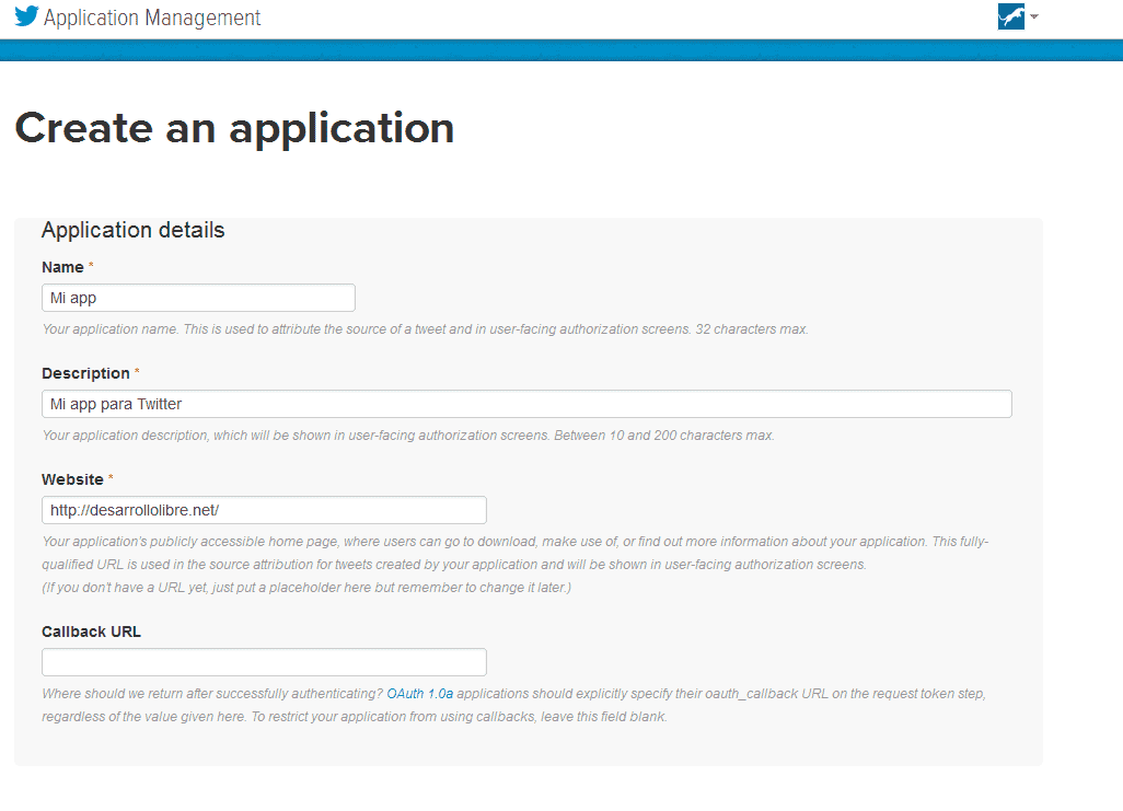 portal de desarrolladores de twitter - crear una aplicación