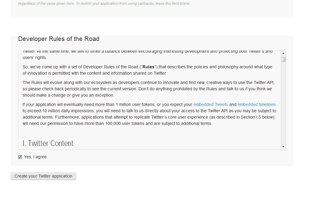 portal de desarrolladores de twitter - condiciones para crear una aplicación
