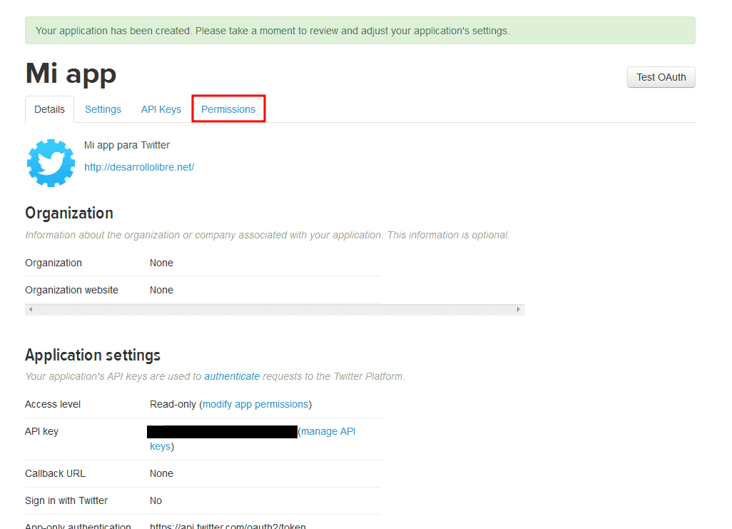 portal de desarrolladores de twitter- permisos de una aplicación