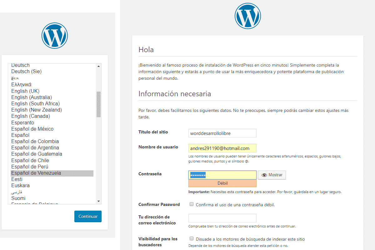 Formularios para instalar wordpress
